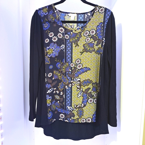 Spense | Floral blouse yellow, blue & black / long sleeve women's top - Picture 3 of 13